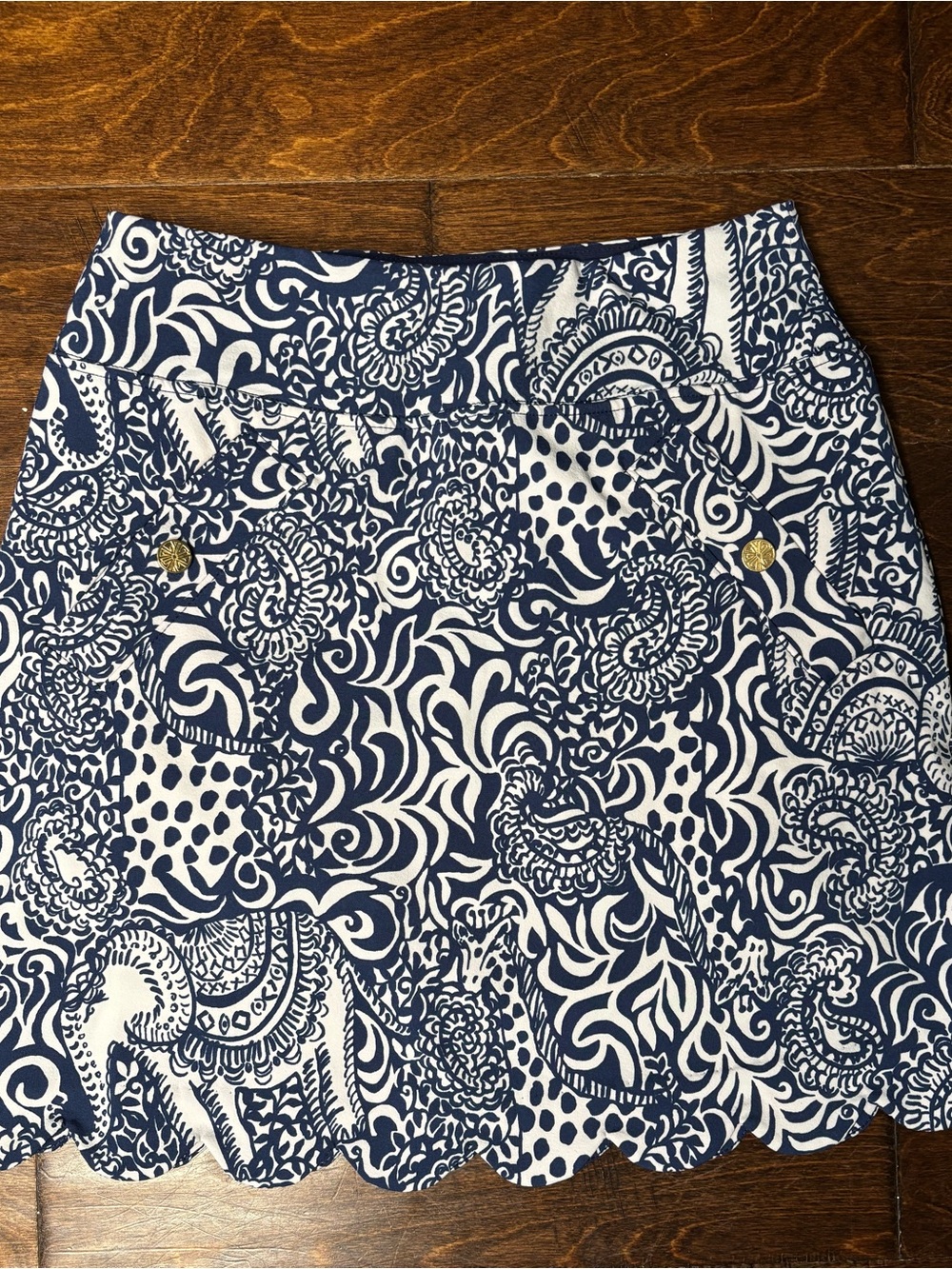 Lilly Pulitzer Navy and White Printed Scallop Hem Mini Skirt